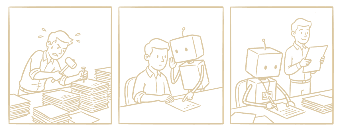 三格漫画：人抡锤自己干活；机器人在旁出主意不上手；机器人戴上工牌自己把活干完